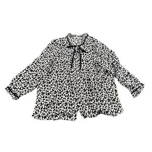 LOFT Womens XL Black White Heart Print Ruffle Tie Neck Button Down Blouse Top 36